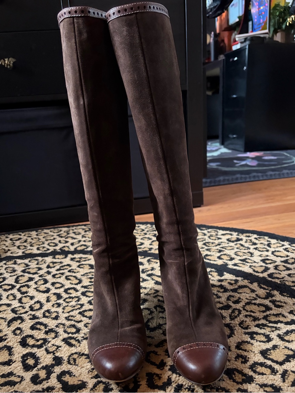 90s vintage Moschino Cheap and Chic brown suede tall heeled boots 38.5 8 *rare*